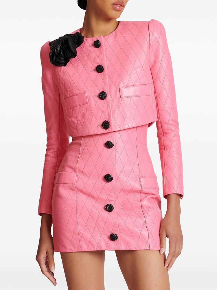 Pink Faux Leather Jacket and Skirt Suit - Crop Quilted Jacket & High Waist Skirt