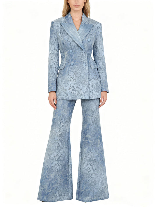 Women's floral embossed denim suit set front view – rose pattern denim blazer with matching wide leg pants two piece outfit
