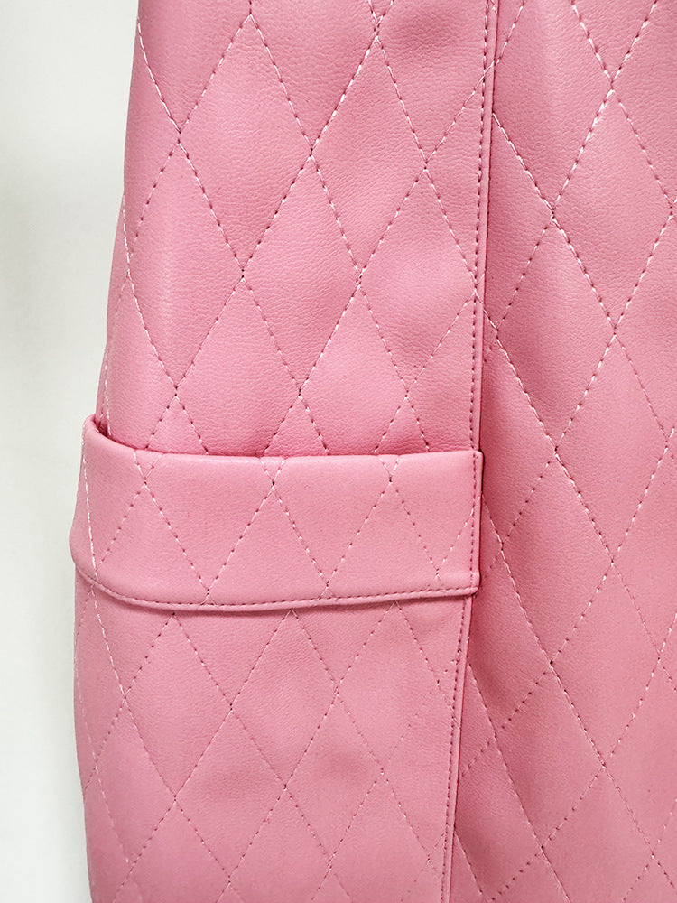 Pink Faux Leather Jacket and Skirt Suit - Crop Quilted Jacket & High Waist Skirt