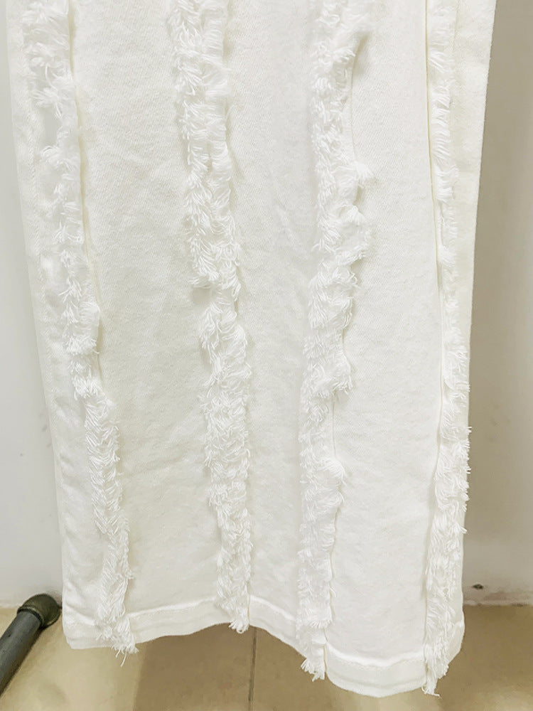 Women's White Denim Fringe Tassel Blazer with Padded Shoulders + Flare Trousers