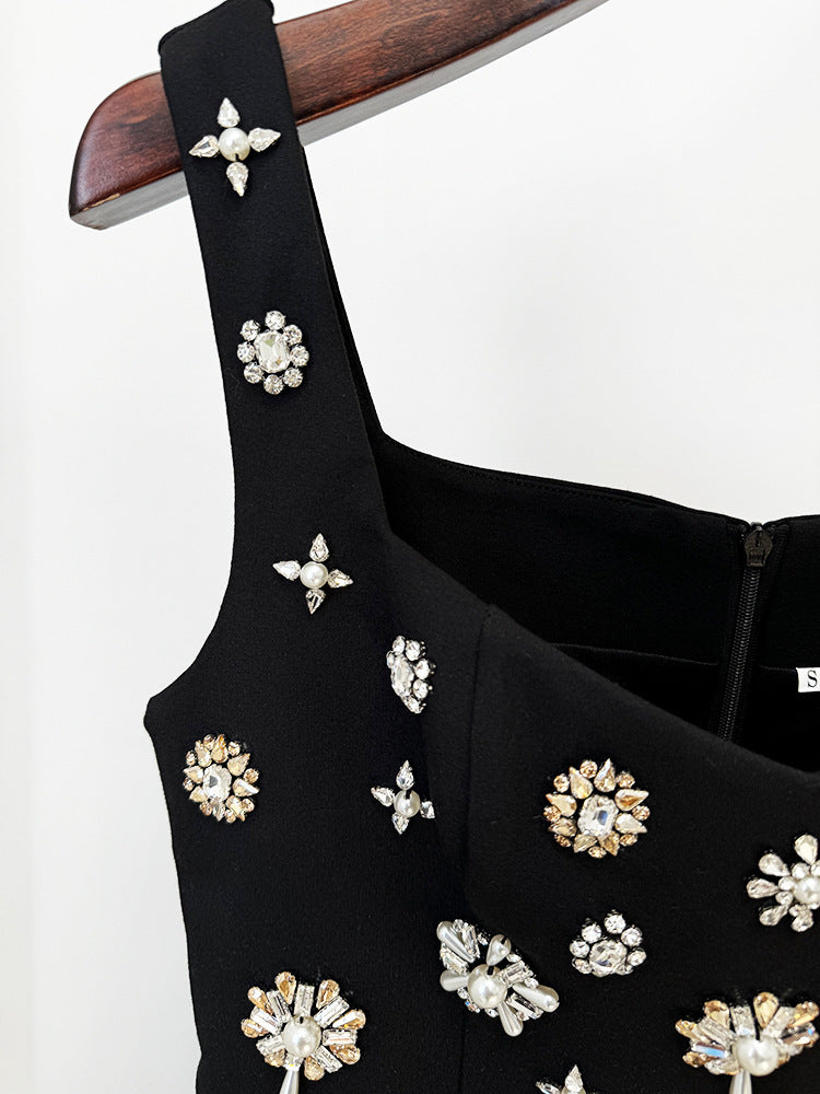 Celebrity-Inspired Black Beaded Rhinestone Bodycon Maxi Gown Dress