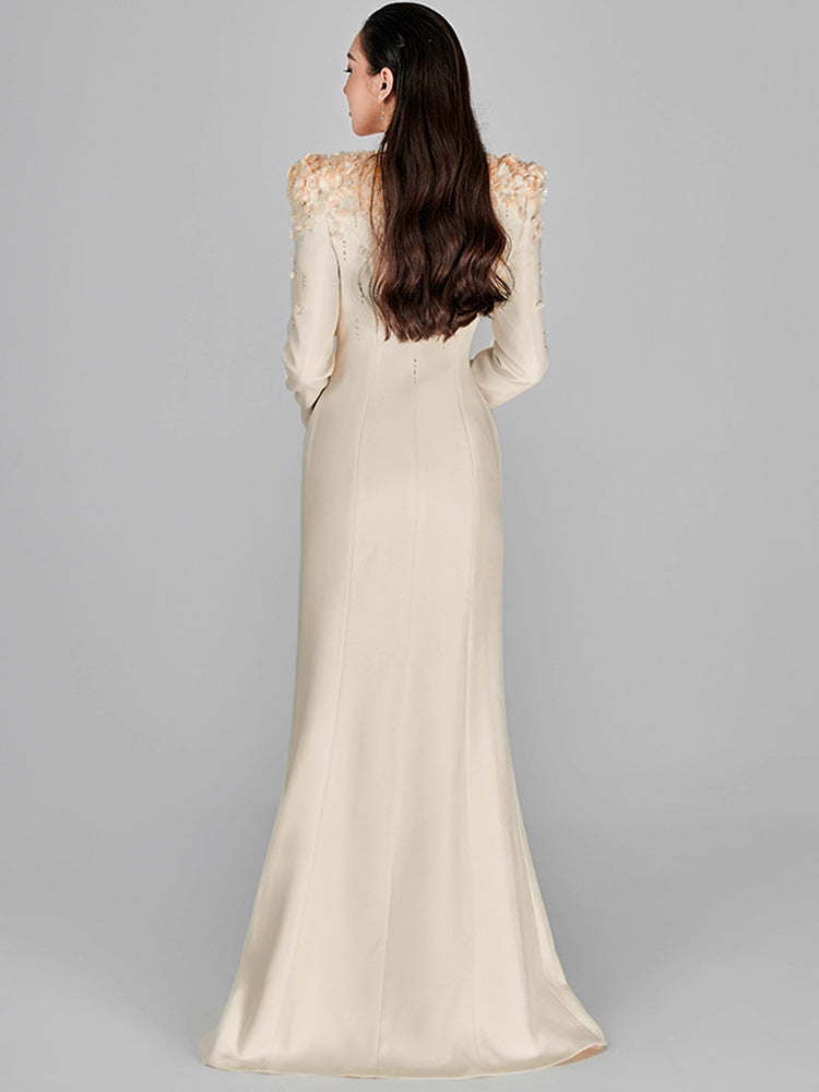Women Beige Extra Long Gown Maxi Dress with 3D Flowers Decoration Shaw Women Beige Extra Long Gown Maxi Dress with 3D Flowers Decoration Shaw
