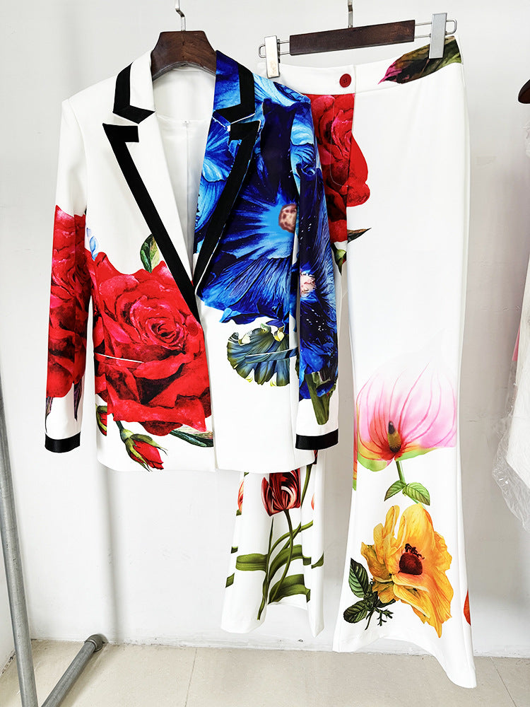 Women Multi-Color Flowers Pants Suit Fitted Blazer + Flare Trousers