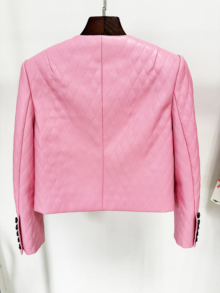 Pink Faux Leather Jacket and Skirt Suit - Crop Quilted Jacket & High Waist Skirt