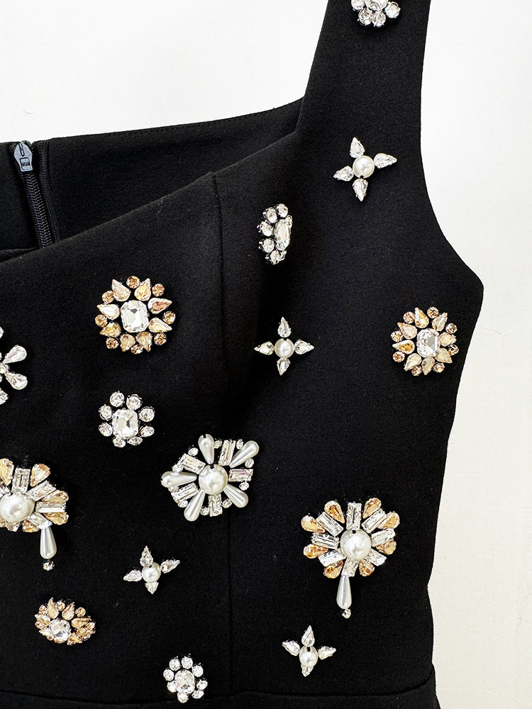 Celebrity-Inspired Black Beaded Rhinestone Bodycon Maxi Gown Dress