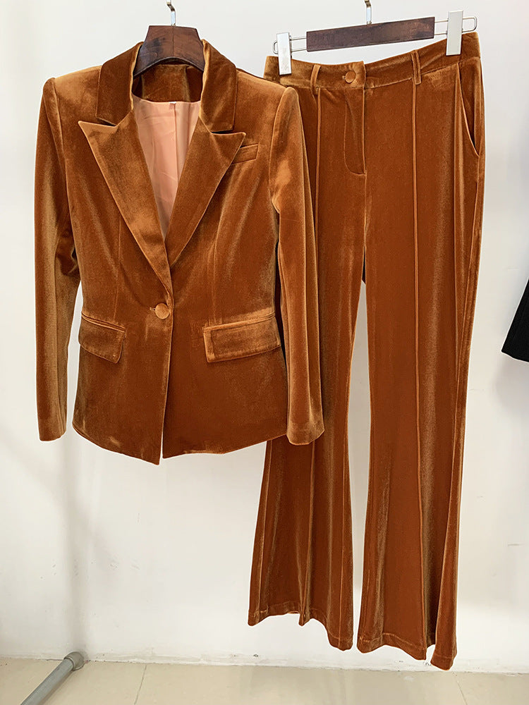 Women Green Velvet Blazer + Flare Trousers Suit