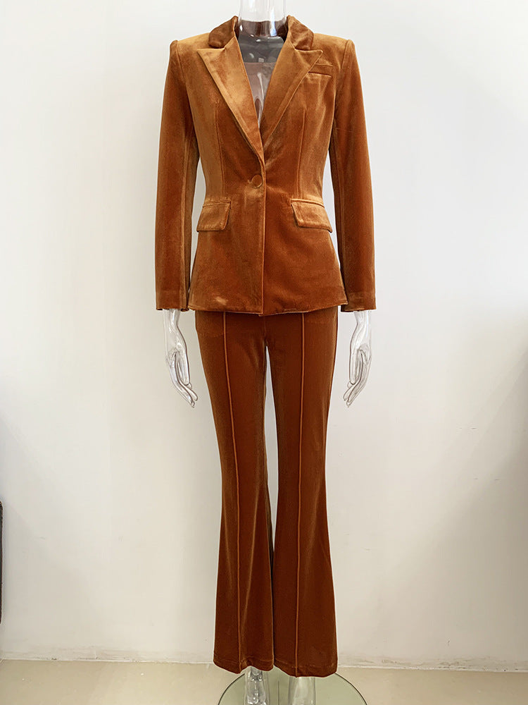 Women Green Velvet Blazer + Flare Trousers Suit