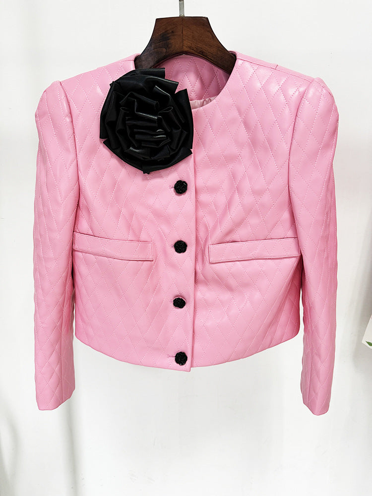 Pink Faux Leather Jacket and Skirt Suit - Crop Quilted Jacket & High Waist Skirt