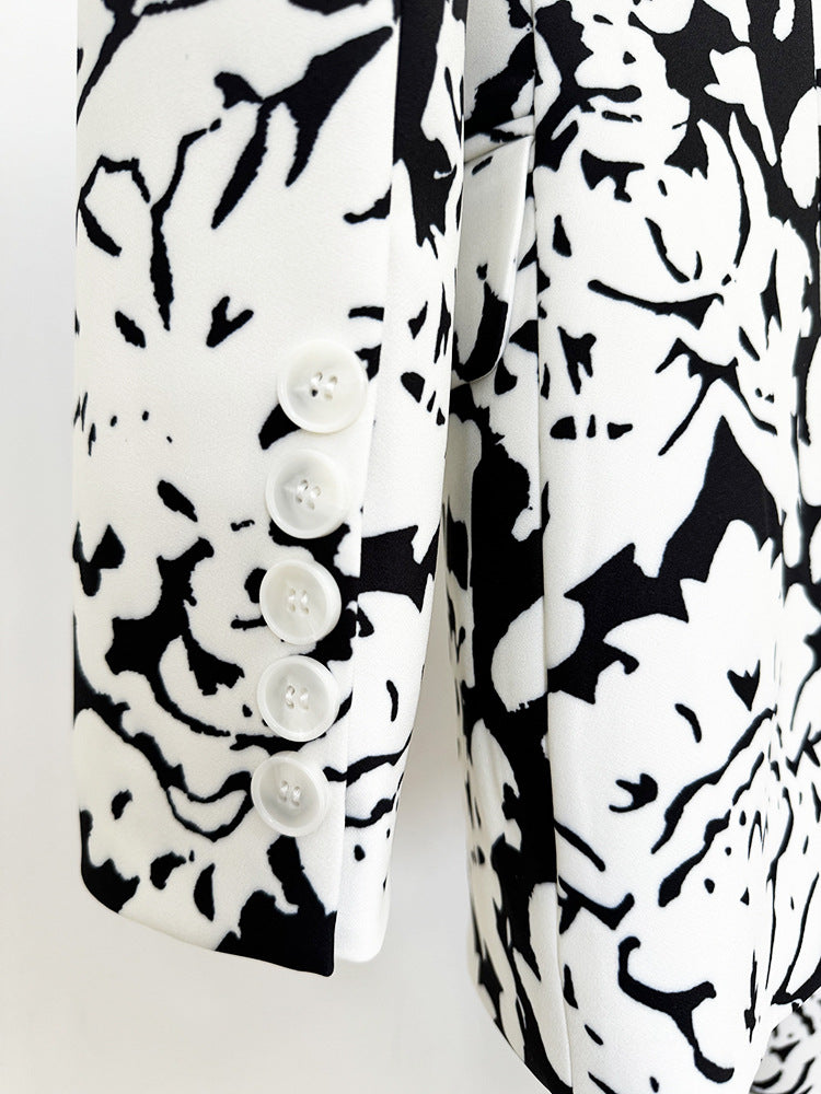 Black White Abstract Print Blazer + Straight Trousers Suit