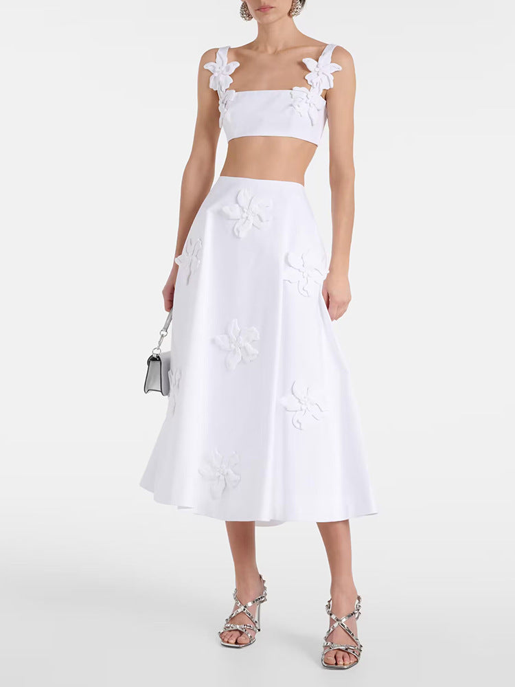 White 3D Flowers Embroidery Crop Top + Long Flare Skirt Suit