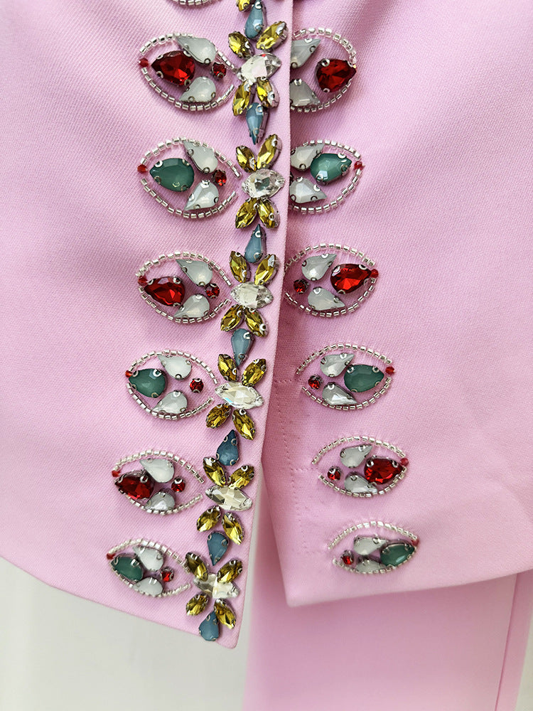 Pink Blazer Jacket with Jewellery Decor + Slim-Fit Cigarette Trousers Pants Suit