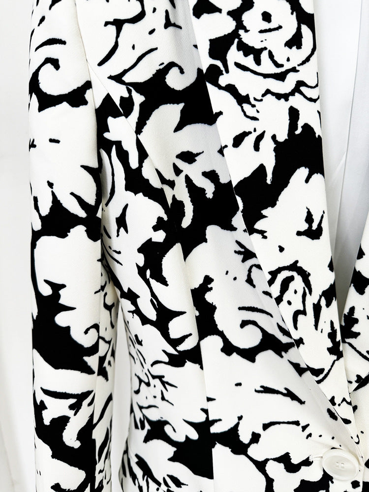 Black White Abstract Print Blazer + Straight Trousers Suit