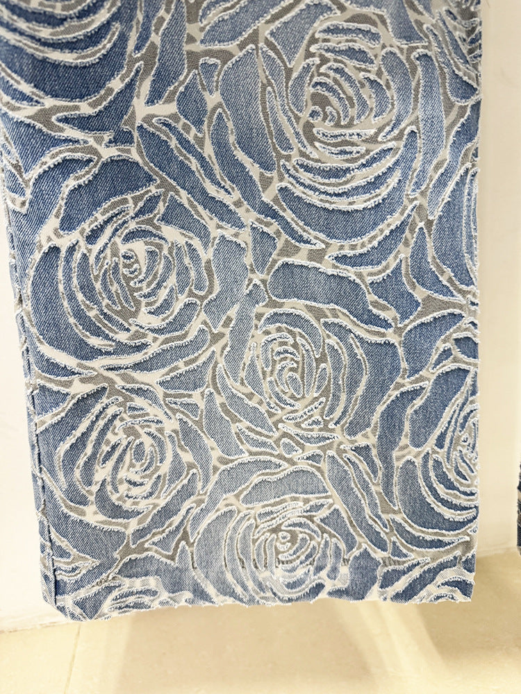 Women’s Floral Denim Suit Set – Vintage Rose Embossed Blazer & Wide Leg Pants Matching Set | Elegant Two Piece Denim Outfit - Fashion Pioneer 