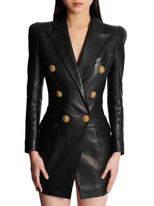 Black Faux Leather Fitted Long Blazer / Mini Dress For a Sexy Cool Look