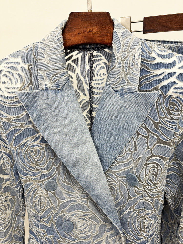 Women’s Floral Denim Suit Set – Vintage Rose Embossed Blazer & Wide Leg Pants Matching Set | Elegant Two Piece Denim Outfit - Fashion Pioneer 
