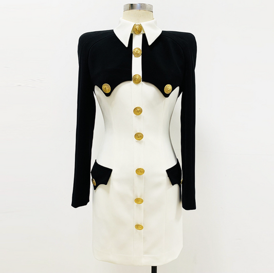 Women Mini Bodycon Dress Black White Collared and Golden Buttons