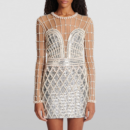 Glamours Pearls Sequinned Silver Mini Sexy Dress with Mesh Shoulder