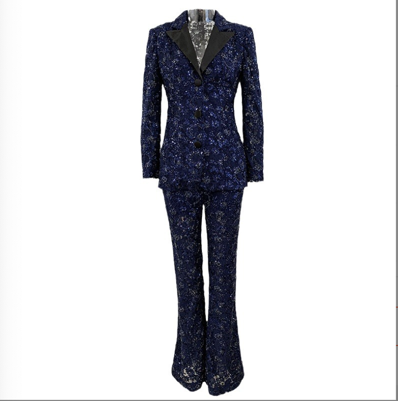 Women Sequinned Mesh Lace Bohemian Style+ Flare Trousers Pants Navy Suit