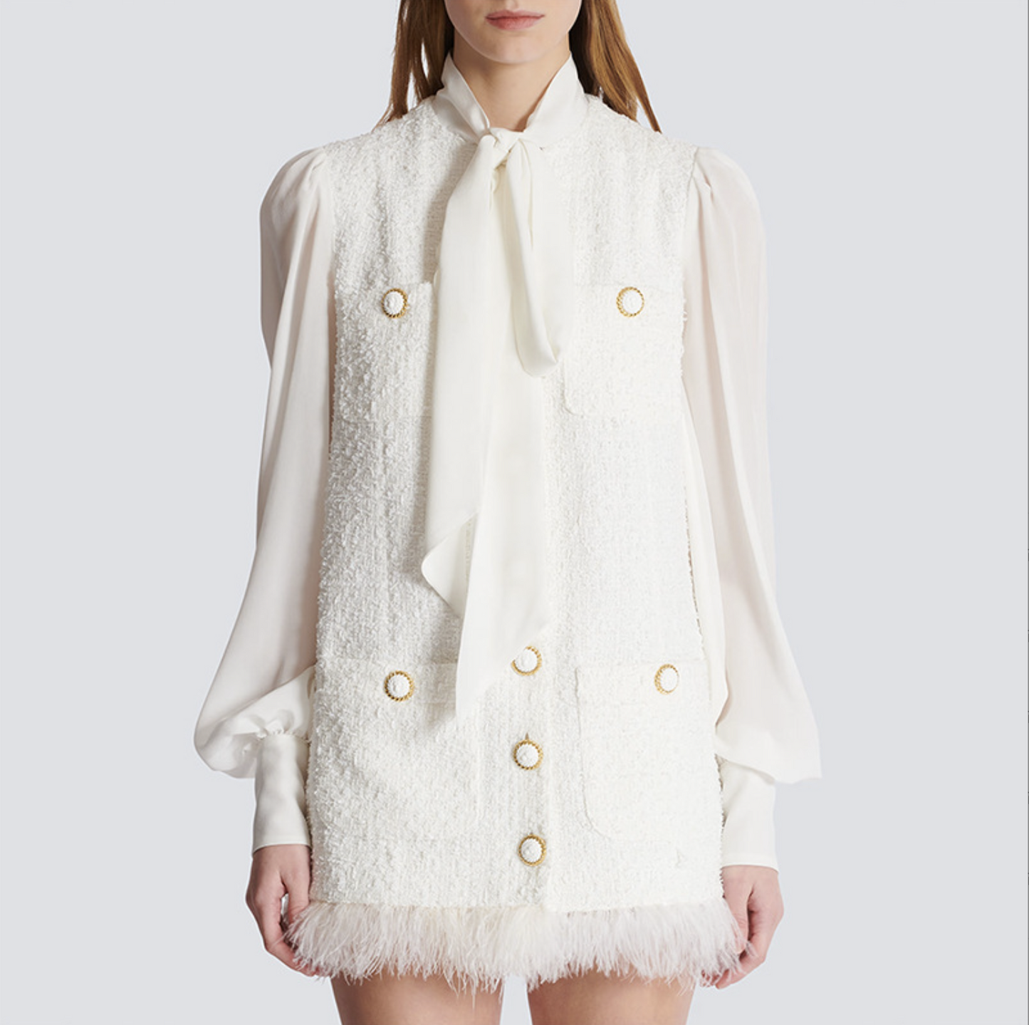 Women Tweed White Long Sleeves Above the Knee Dress with Faux Feather Hem