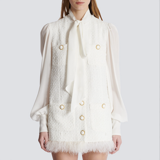 Women Tweed White Long Sleeves Above the Knee Dress with Faux Feather Hem