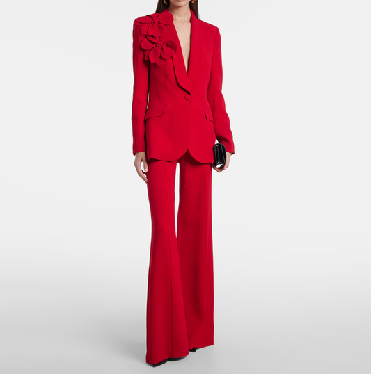 Red Women’s 2-Piece Suit – 3D Floral Blazer Jacket & Flared Trousers Pants Suit