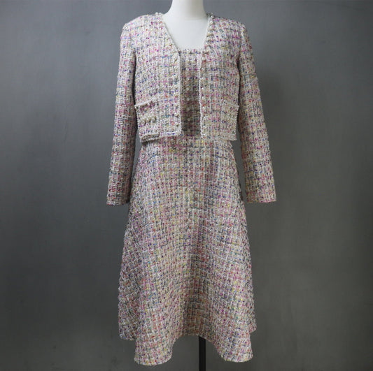 Hot Pink Tweed Fit & Flare Dress + Crop Jacket Suit With Pearls Decoration