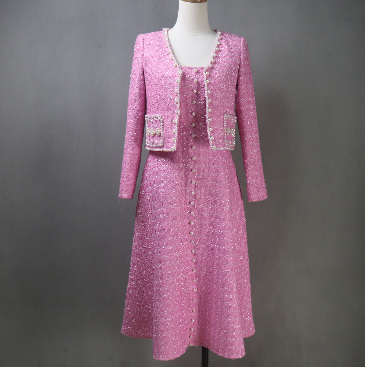 Pink Tweed Fit & Flare Dress + Crop Jacket Suit With Pearls Decoration