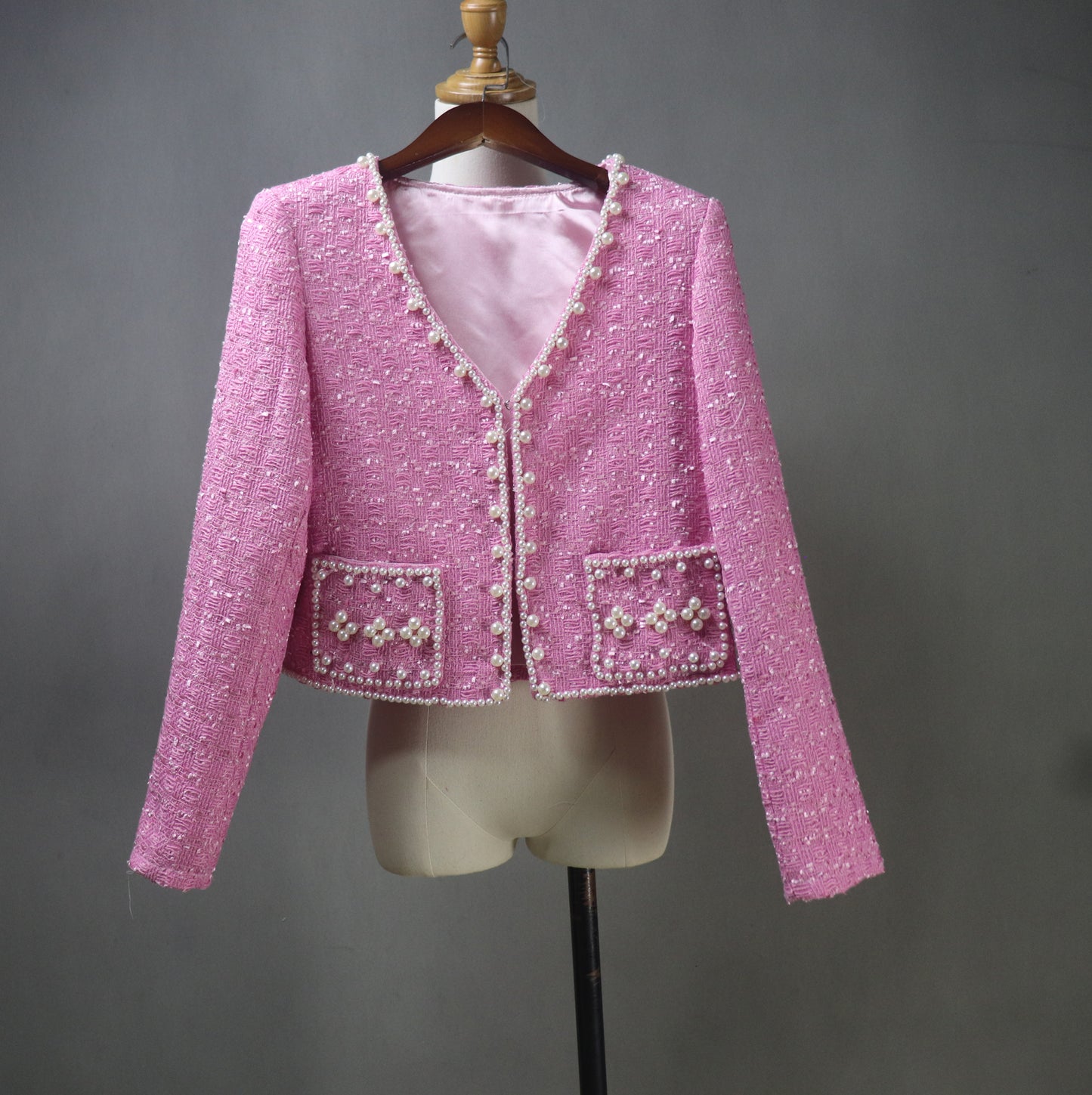 Pink Tweed Fit & Flare Dress + Crop Jacket Suit With Pearls Decoration