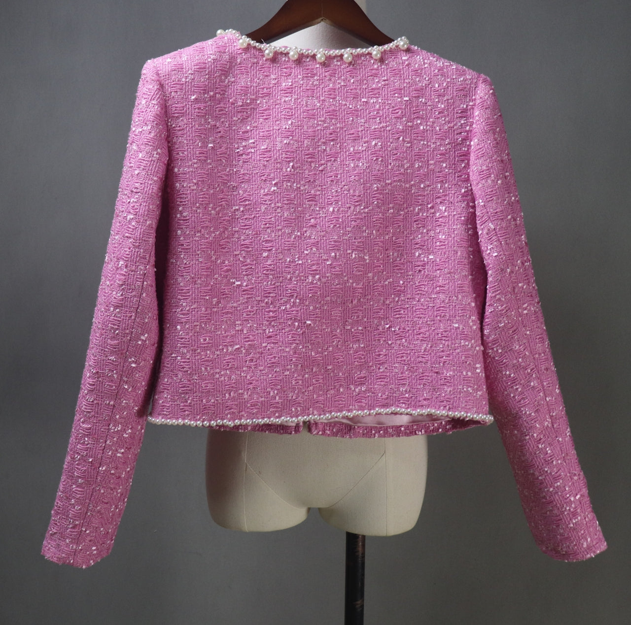 Pink Tweed Fit & Flare Dress + Crop Jacket Suit With Pearls Decoration