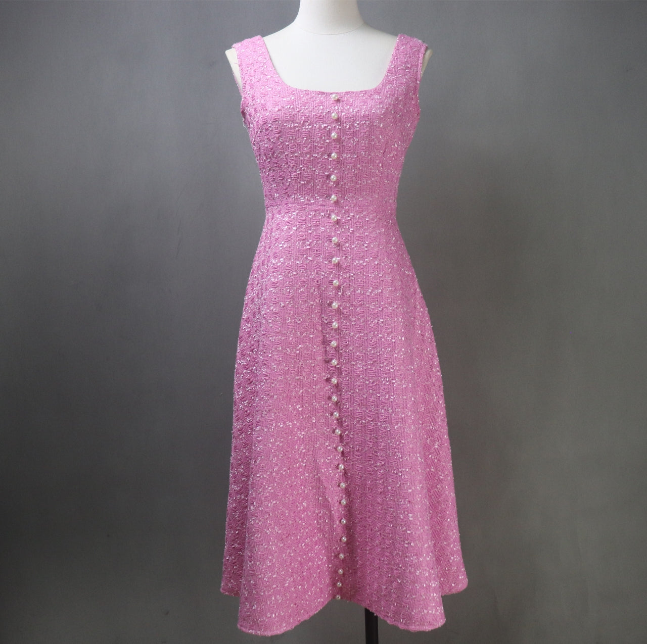 Pink Tweed Fit & Flare Dress + Crop Jacket Suit With Pearls Decoration