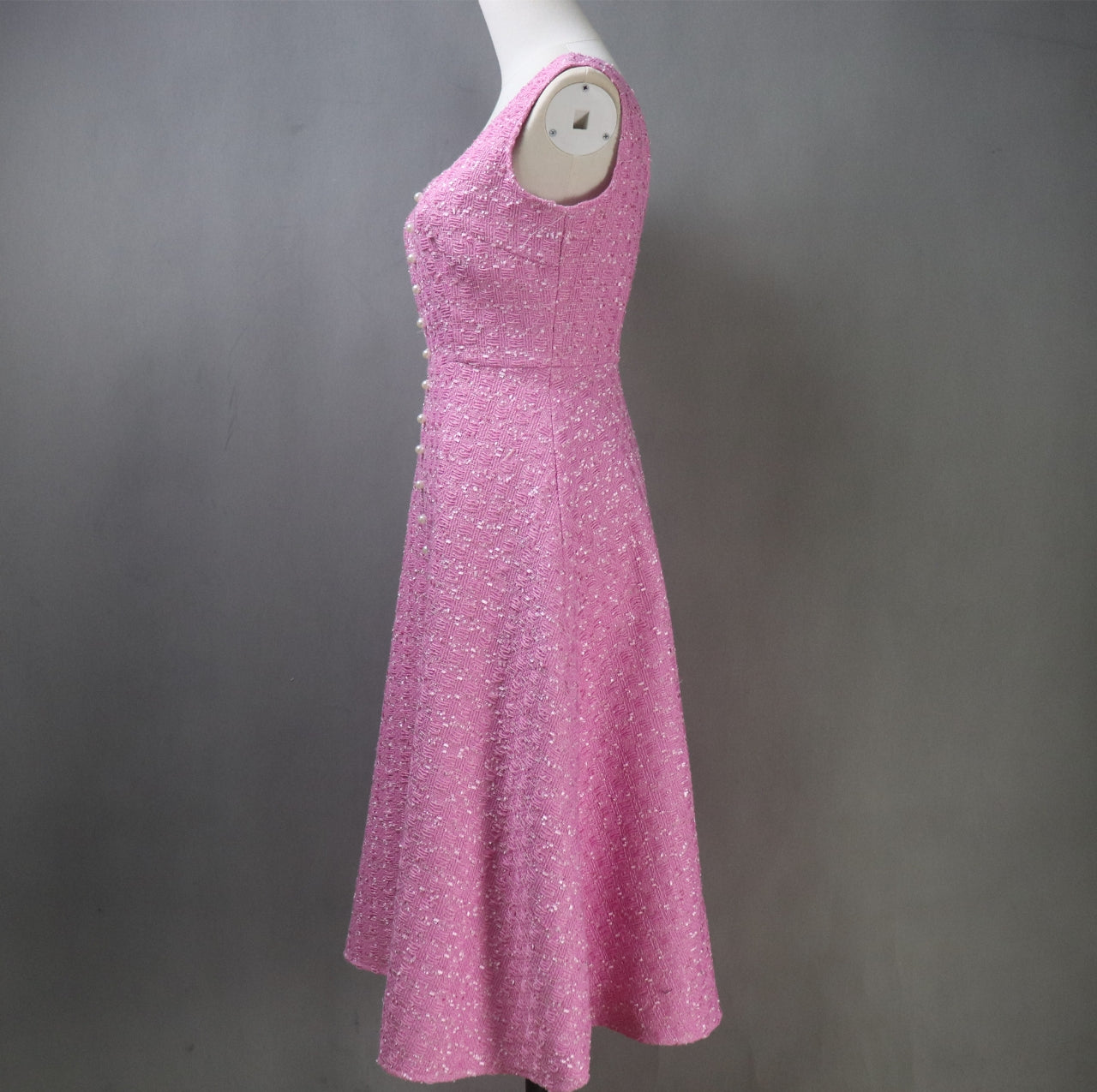 Pink Tweed Fit & Flare Dress + Crop Jacket Suit With Pearls Decoration