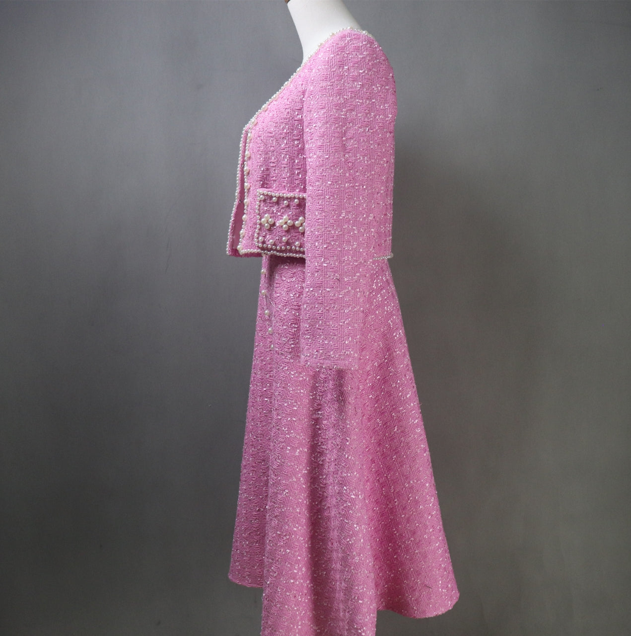 Pink Tweed Fit & Flare Dress + Crop Jacket Suit With Pearls Decoration