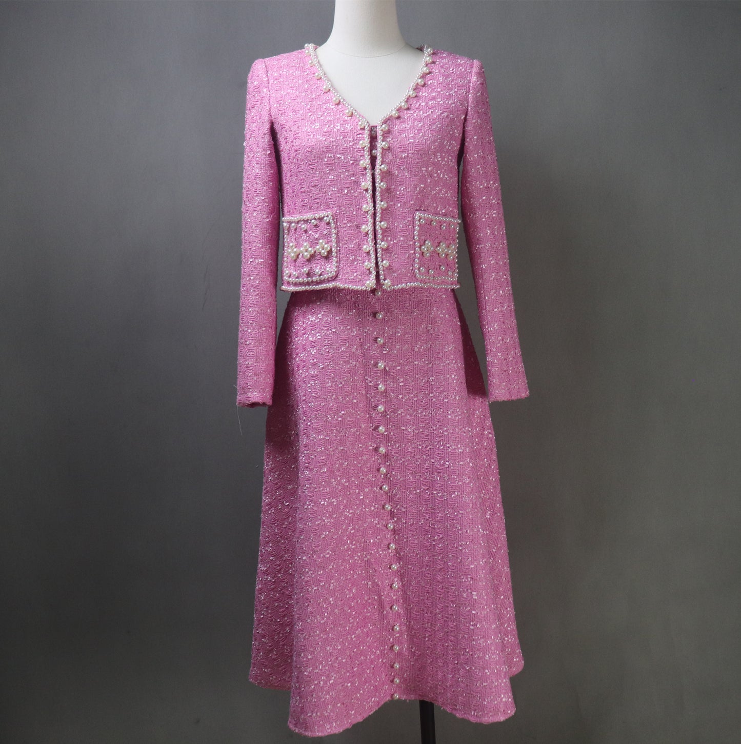 Pink Tweed Fit & Flare Dress + Crop Jacket Suit With Pearls Decoration