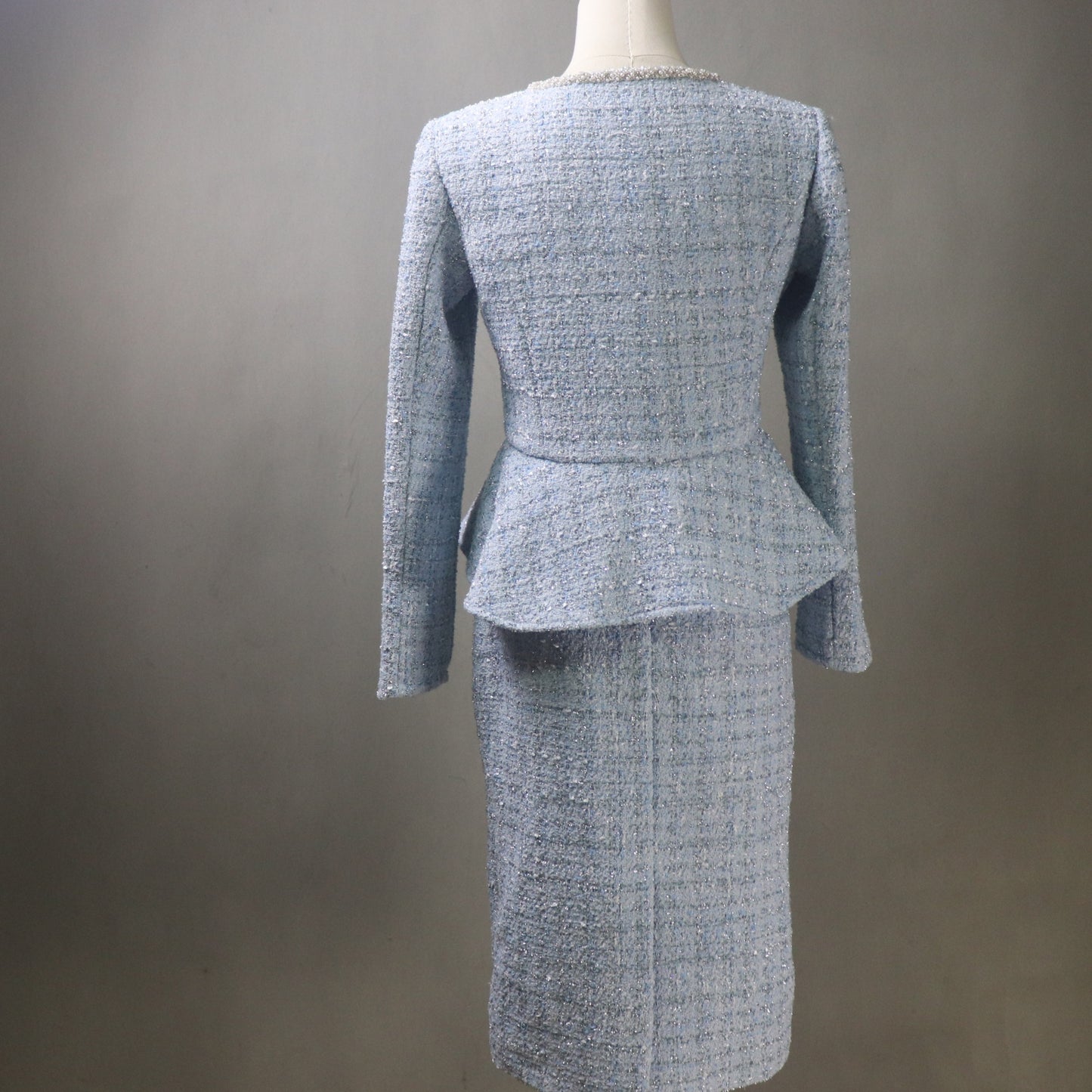 Blue Tweed Midi Skirt Suit with Pearls & Sparkle