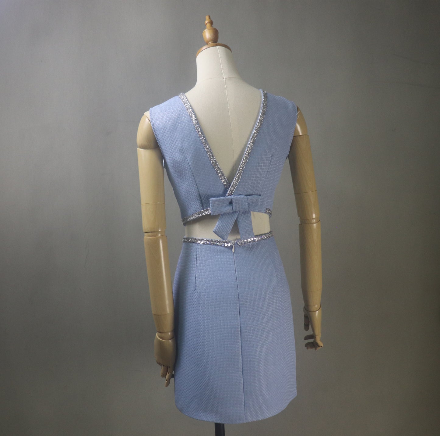 Back view of the dress with Deep V cut back and a big Bow.