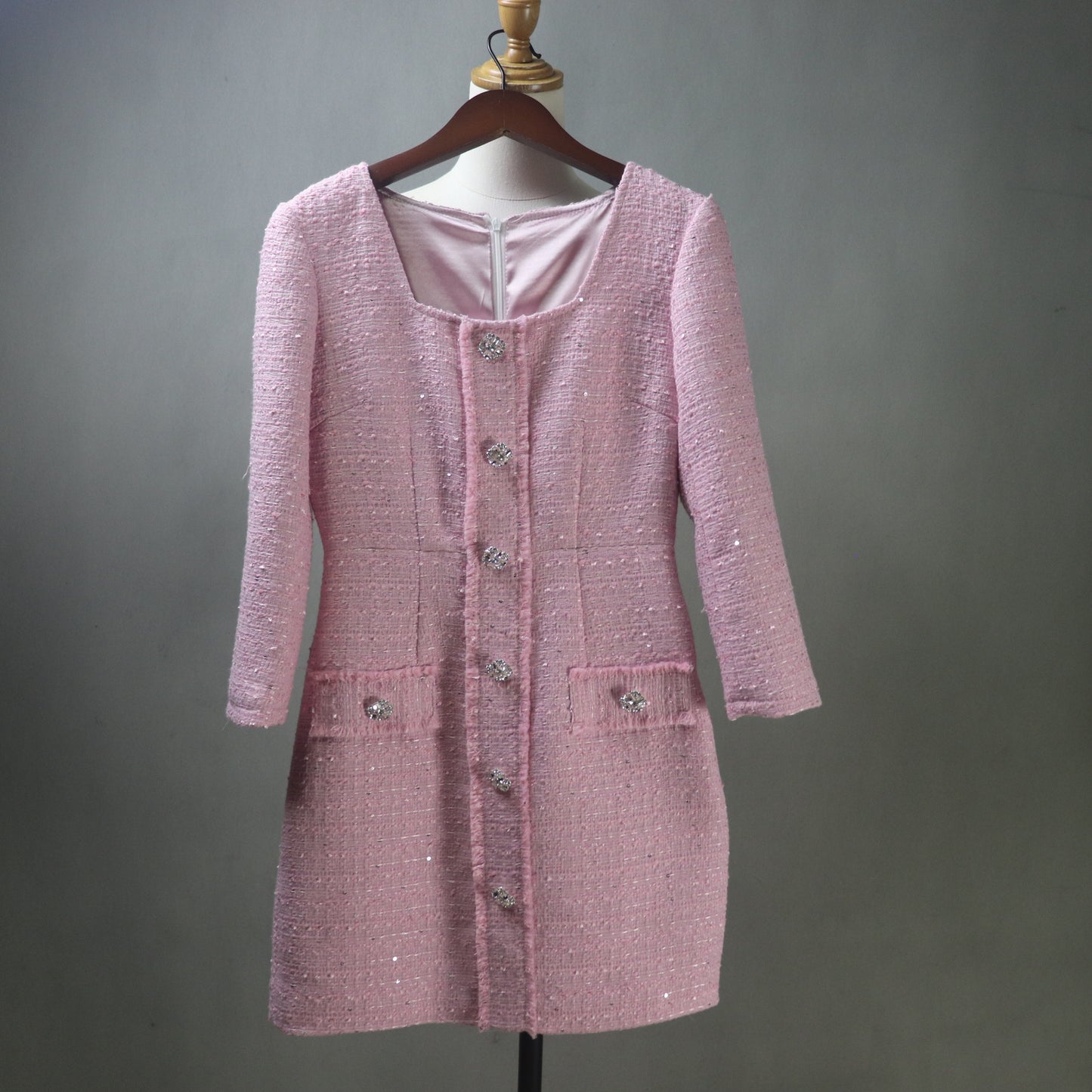 Custom Pink Tweed Dress – Made to Order Square Neck Shift with Crystal Buttons & Sequins