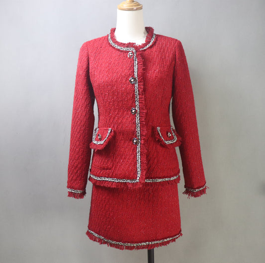 Custom Made Red Tweed Suit Jacket + Skirt