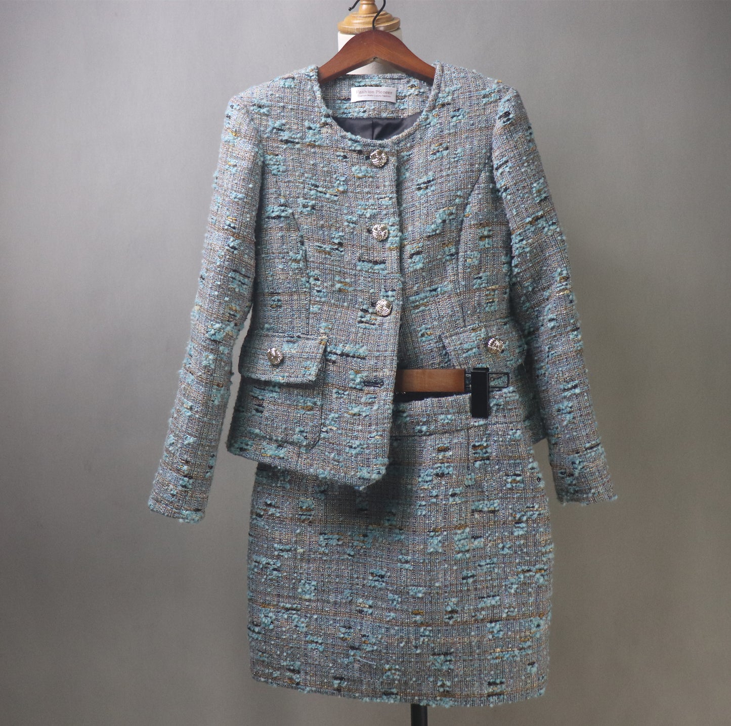 Grey Teal Tweed Skirt Suit