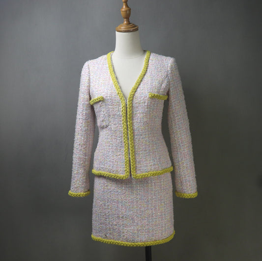 Pink Yellow Tweed Skirt Suit with Sequins