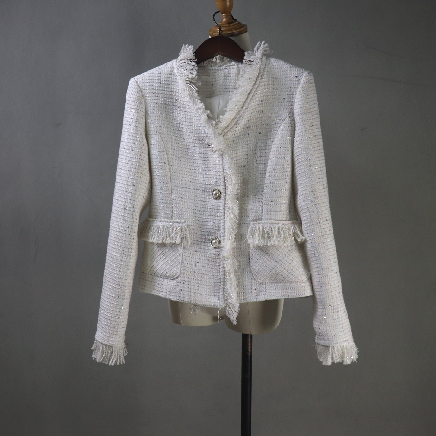 Custom Made Cream White Sequinned Tweed Skirt Suit Set, Any Size - Fashion Pioneer 