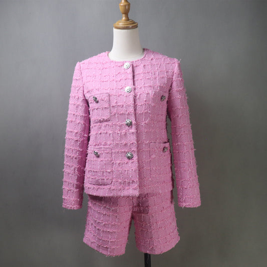 Pink Tweed Long Shorts Suit