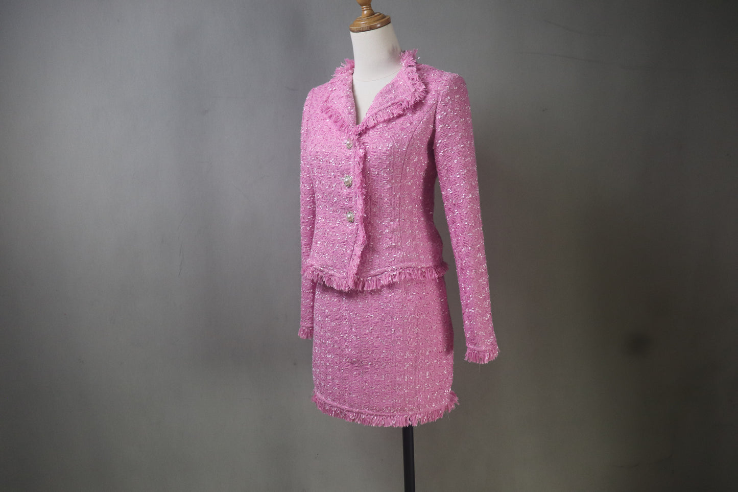 Custom Made Chic Pink Tweed Skirt Suit,  Structured Blazer & Skirt in any length