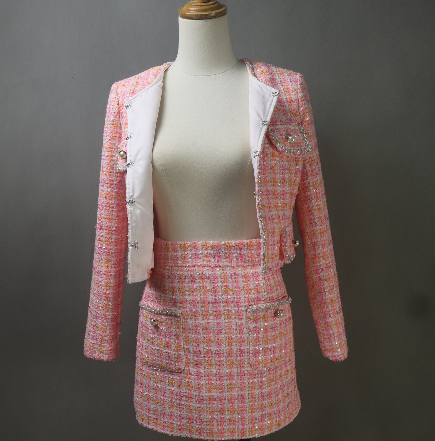 Pink Tweed Suit with Checked Pattern and Sequins