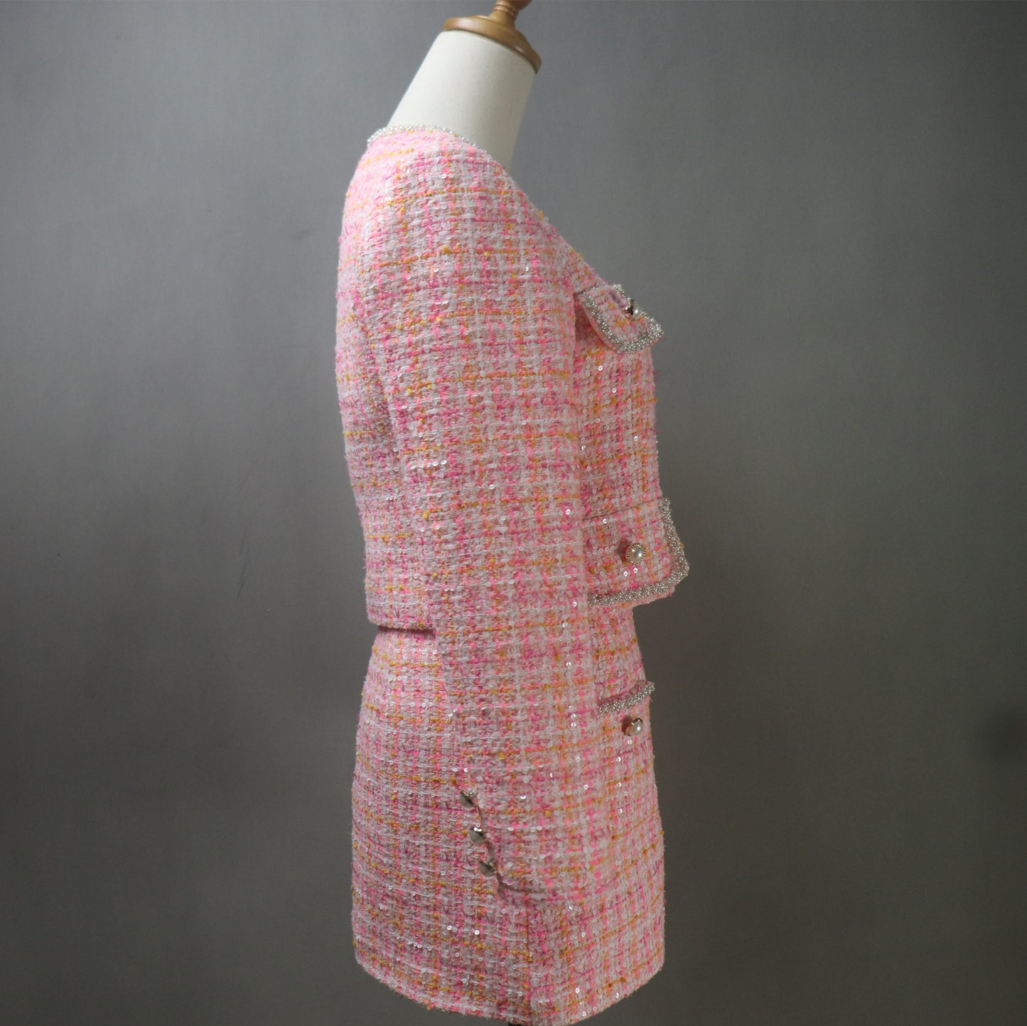 Pink Tweed Suit with Checked Pattern and Sequins