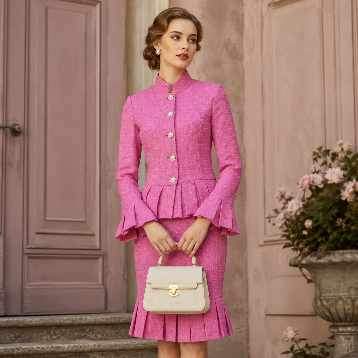 Custom pink tweed skirt suit for women with peplum jacket and pleated midi skirt, vintage-inspired formal outfit.