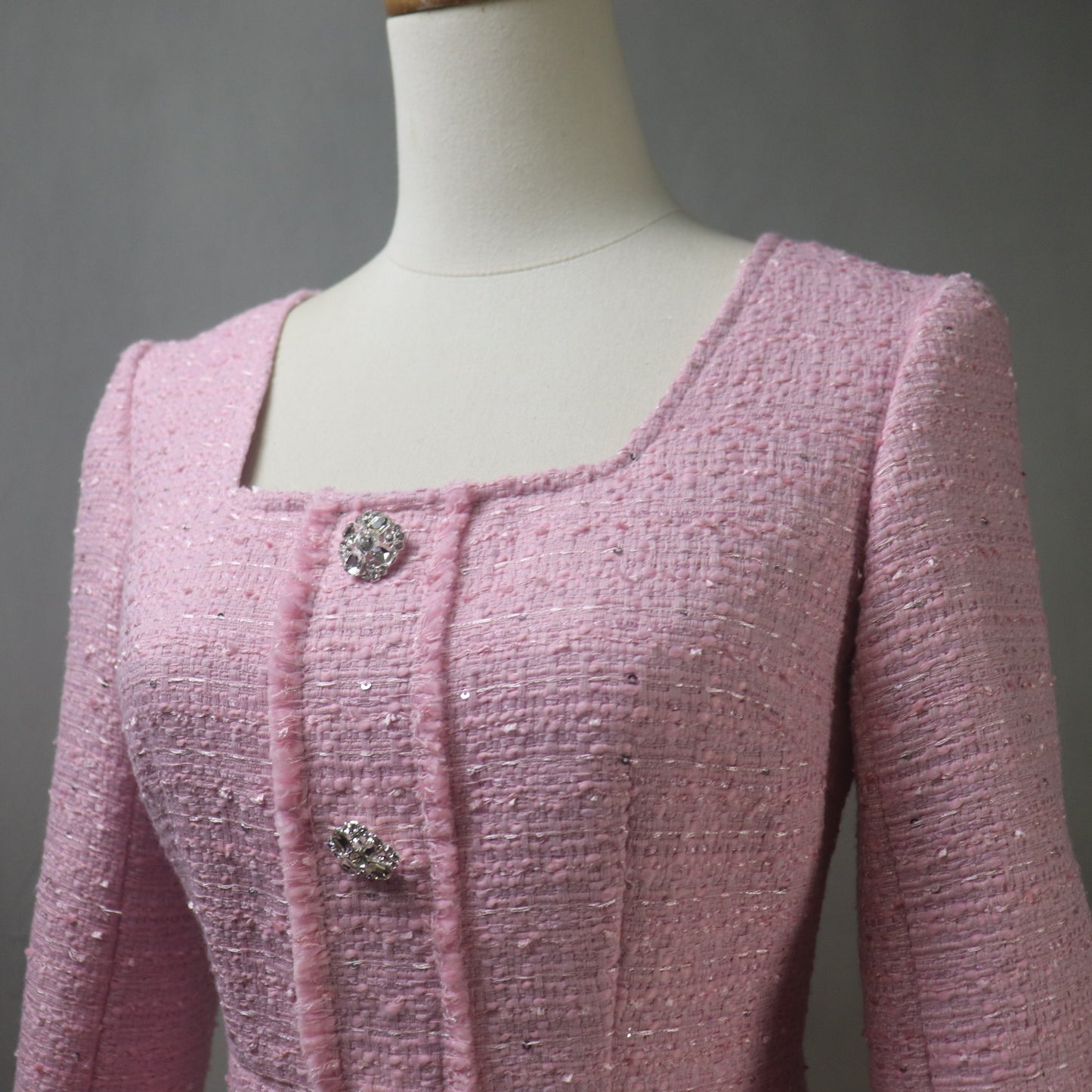 Custom Pink Tweed Dress – Made to Order Square Neck Shift with Crystal Buttons & Sequins