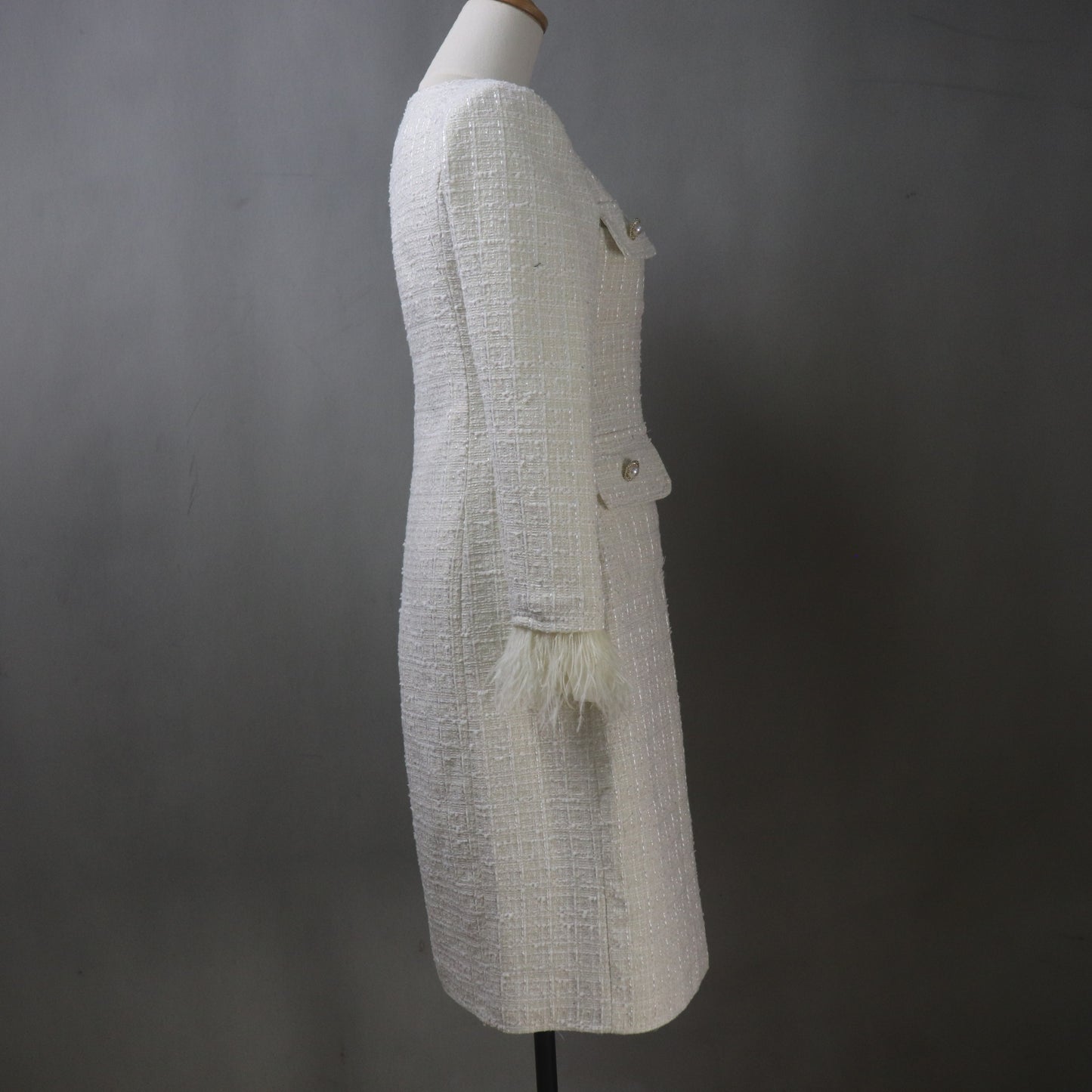 Luxurious Custom Tweed White Overcoat - Made-to-Measure Winter Jacket, Feather Trim, All Sizes and Any Length