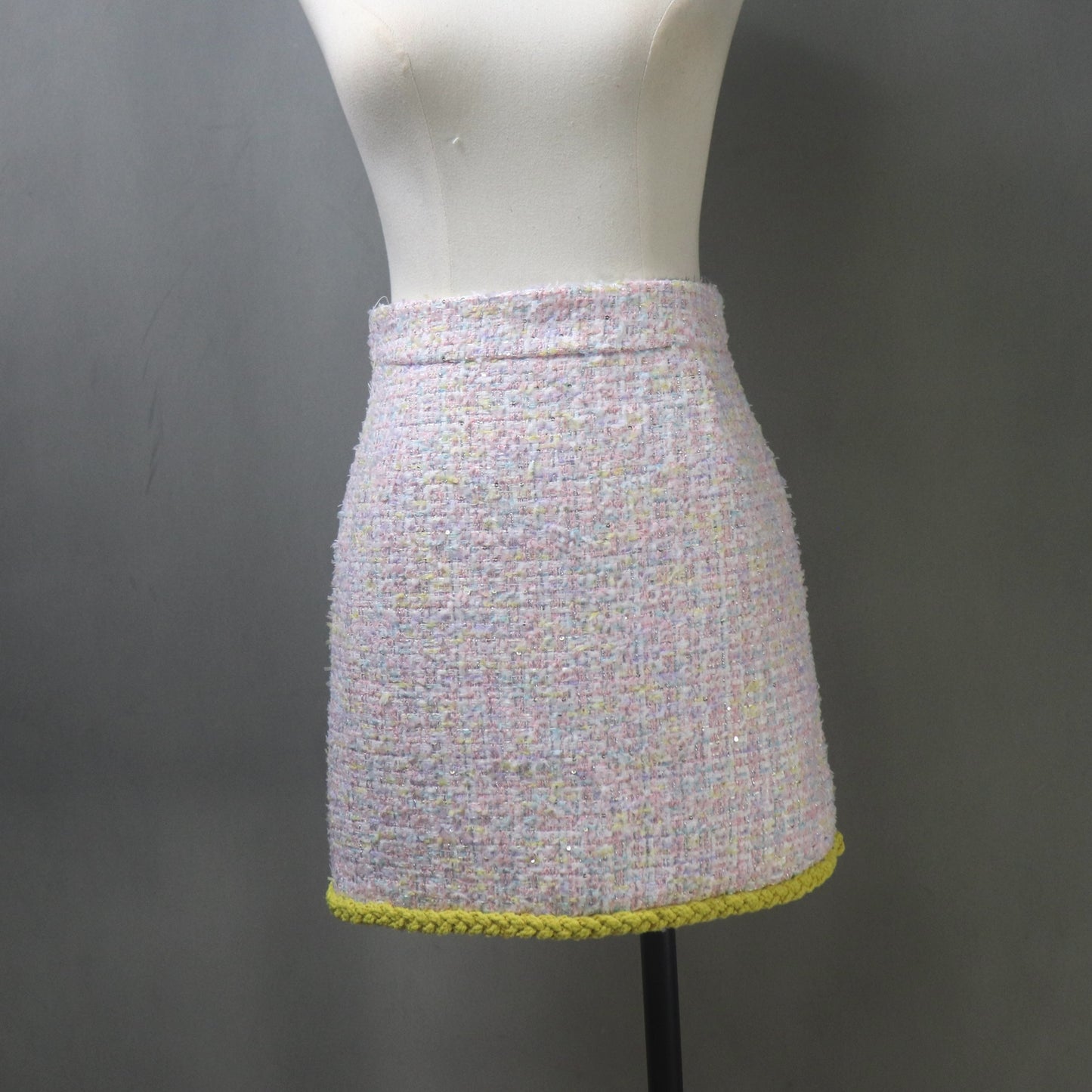 Pink Yellow Tweed Skirt Suit with Sequins