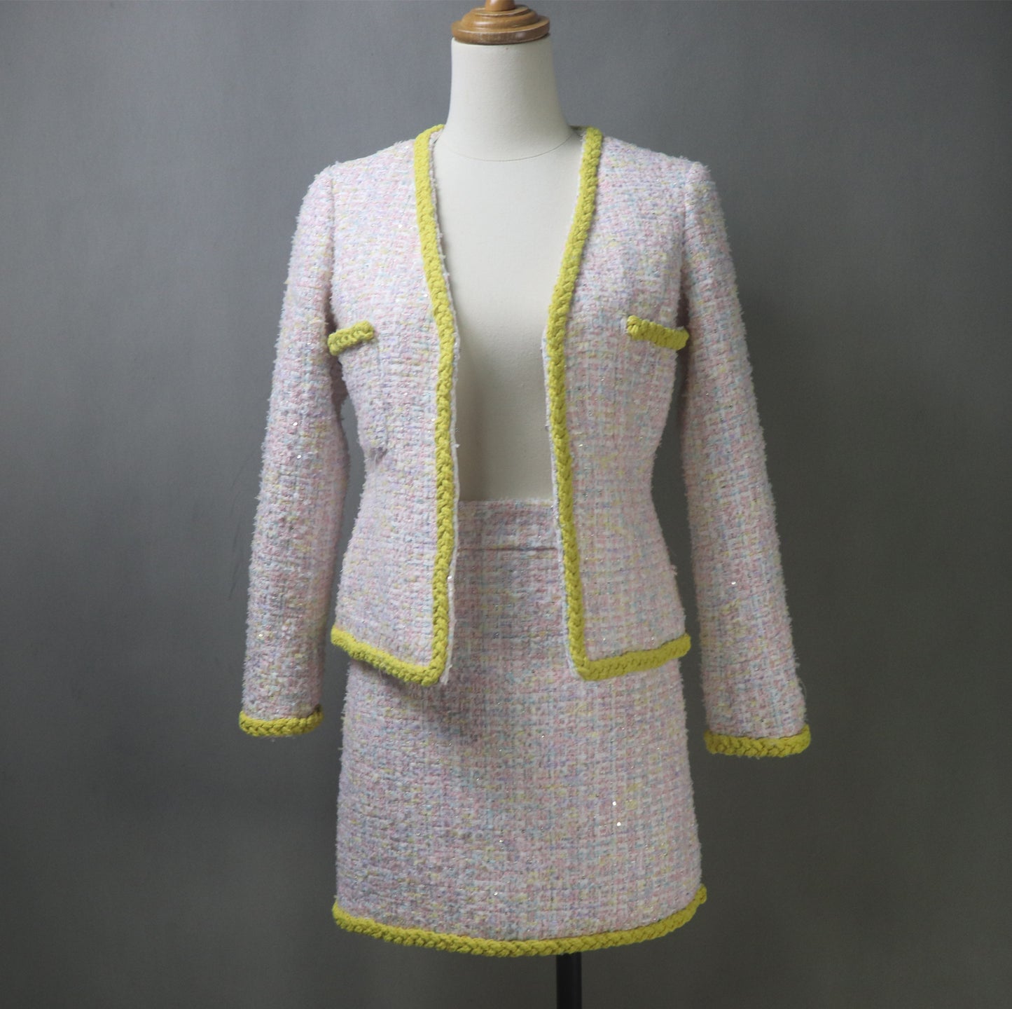 Pink Yellow Tweed Skirt Suit with Sequins