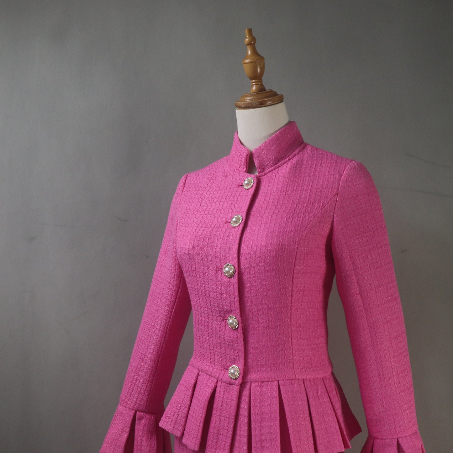 Custom Made Hot Pink Tweed Skirt Suit, Women's Tailored Peplum Jacket, Pleated Skirt